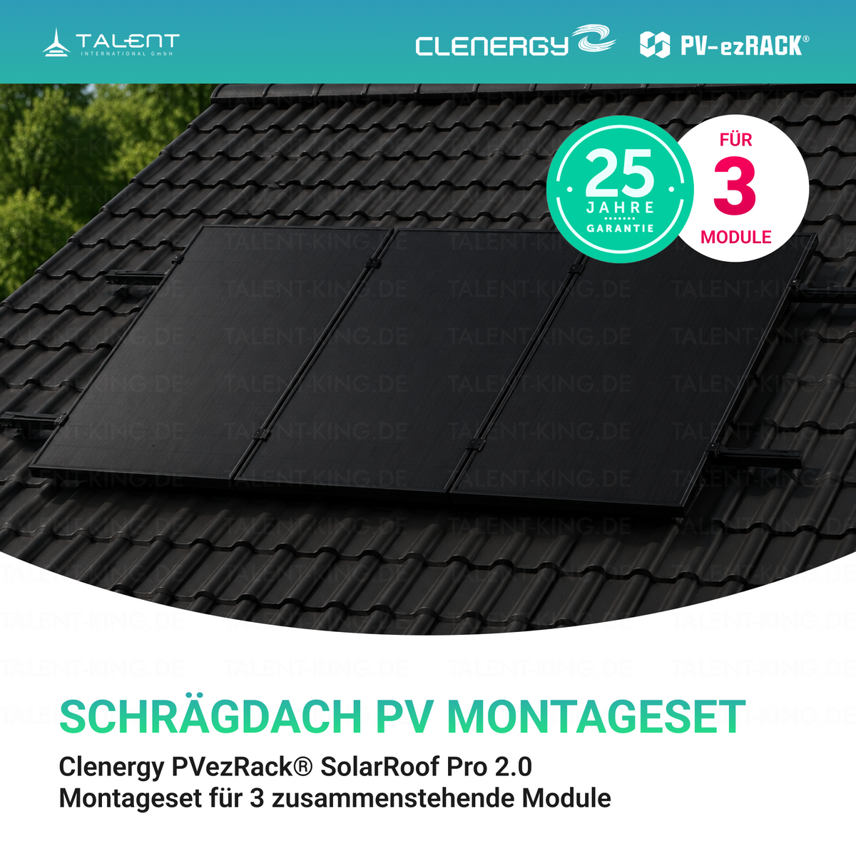 Clenergy PV-ezRack® SolarRoof Pro 2.0 Unterkonstruktion Schrägdach Montageset für 3 zusammenstehende Module in Schwarz ( neue ver. 2026 )