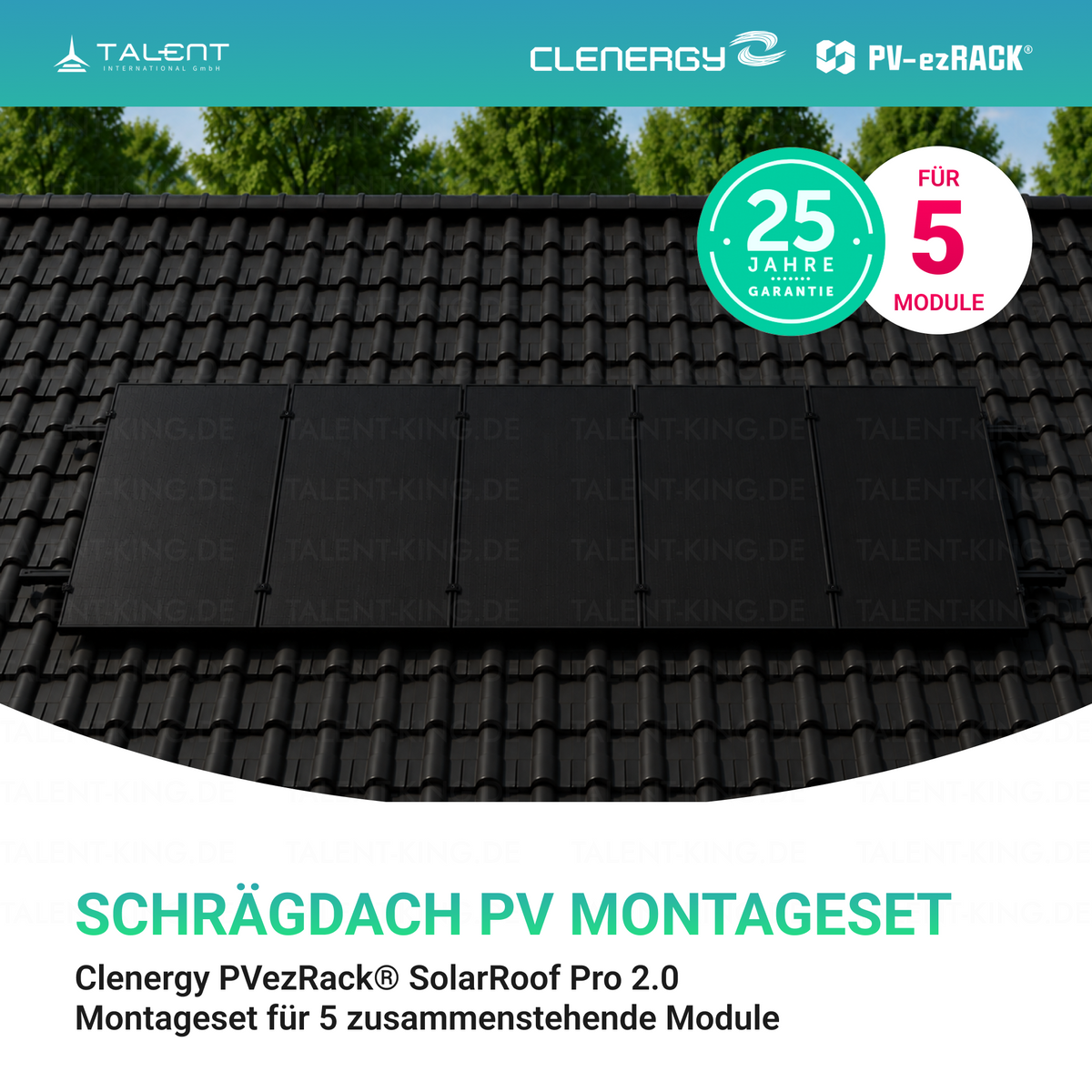 Clenergy PV-ezRack® SolarRoof Pro 2.0 Unterkonstruktion Schrägdach Set für 5 zusammenstehende Module in Schwarz ( neue ver. 2026 )