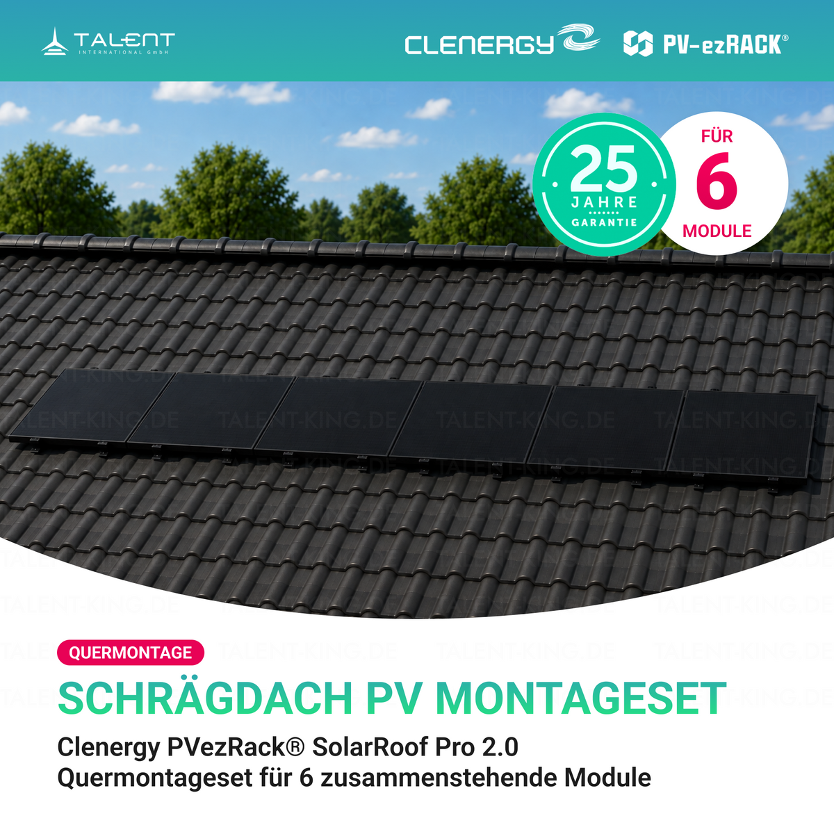 Clenergy PV-ezRack® SolarRoof Pro 2.0 Unterkonstruktion Quermontage Schrägdach Montageset für 6 Module in Schwarz ( neue ver. 2026 )