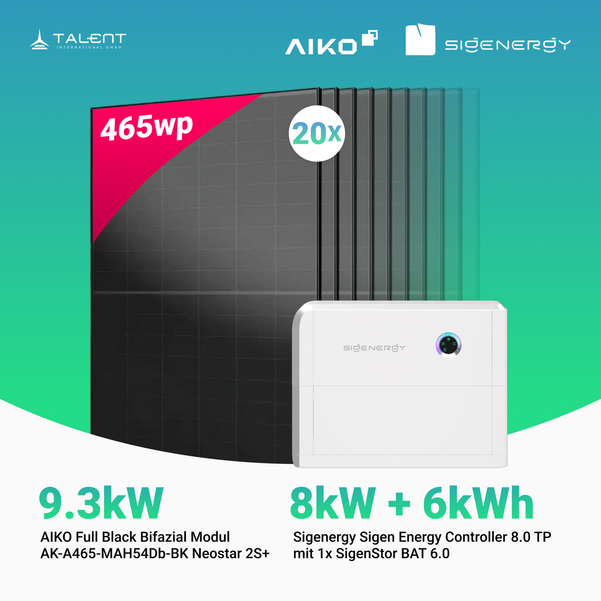 PV Komplettset 9.3 kWp - 20 × AIKO 465W Full Black & Sigenergy Sigen Energy Controller 8.0 TP 8kW mit Speicheroption