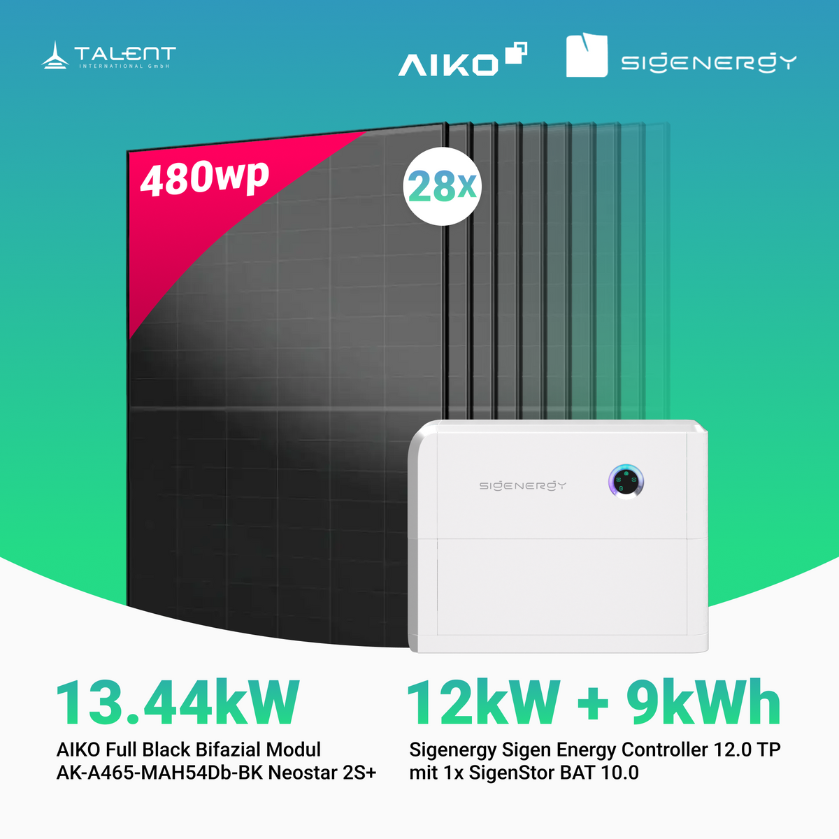 PV Komplettset 13.44 kWp - 28 × AIKO 480W Full Black & Sigenergy Sigen Energy Controller 12.0 TP 12kW mit Speicheroption