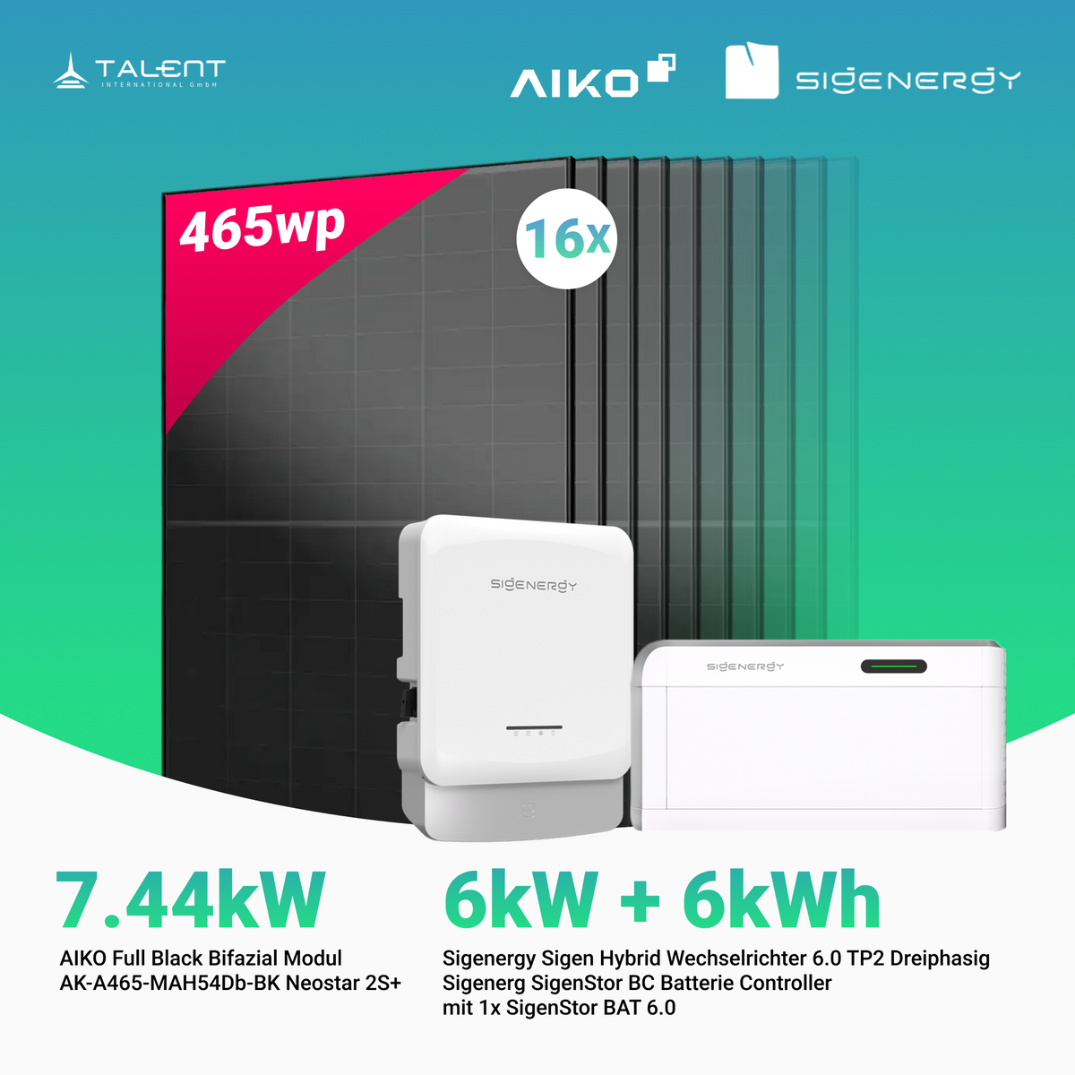 PV Komplettset 7.44 kWp - 16 × AIKO 465W Full Black & Sigenergy Sigen Hybrid Wechselrichter 6.0 TP2 6kW Dreiphasig mit Speicheroption