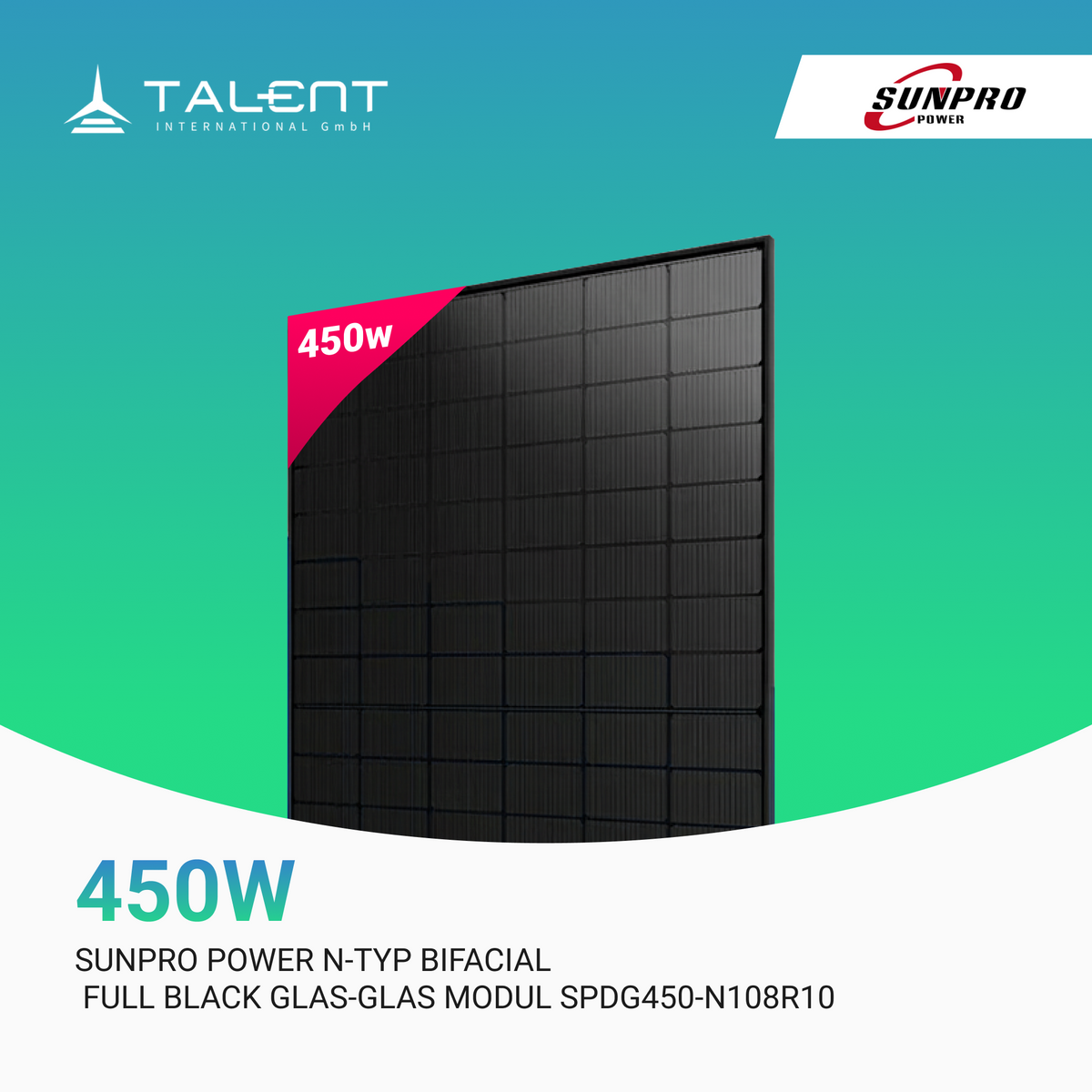 SunPro Power 450W N-Typ Bifacial Solarpanel – Full Black Glas-Glas Modul