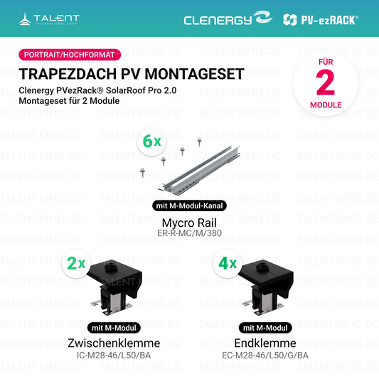 Clenergy PV-ezRack® SolarRoof Pro 2.0 Unterkonstruktion Trapezdach Montageset für 2 Module (Portrait/Hochformat) neue ver. 2026