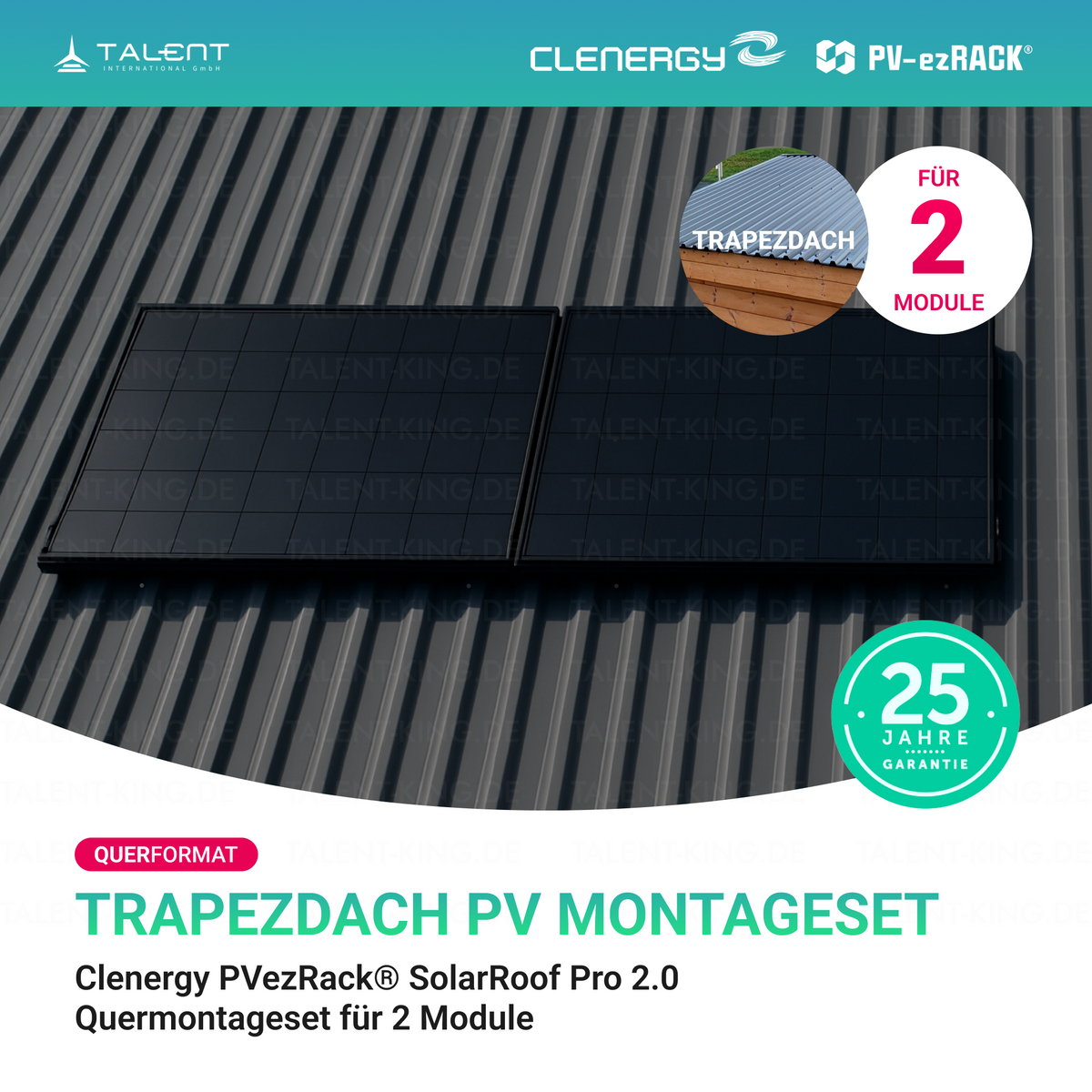Clenergy PV-ezRack® SolarRoof Pro 2.0 Unterkonstruktion Trapezdach Montageset für 2 Module (Querformat) neue ver. 2026