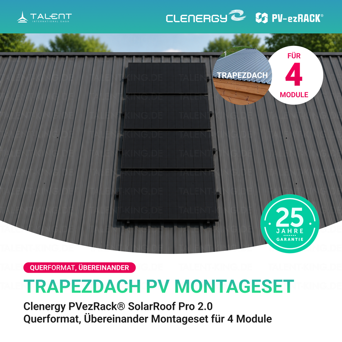 Clenergy PV-ezRack® SolarRoof Pro 2.0 Unterkonstruktion Trapezdach Montageset für 4 Module (Querformat, Übereinander) neue ver. 2026