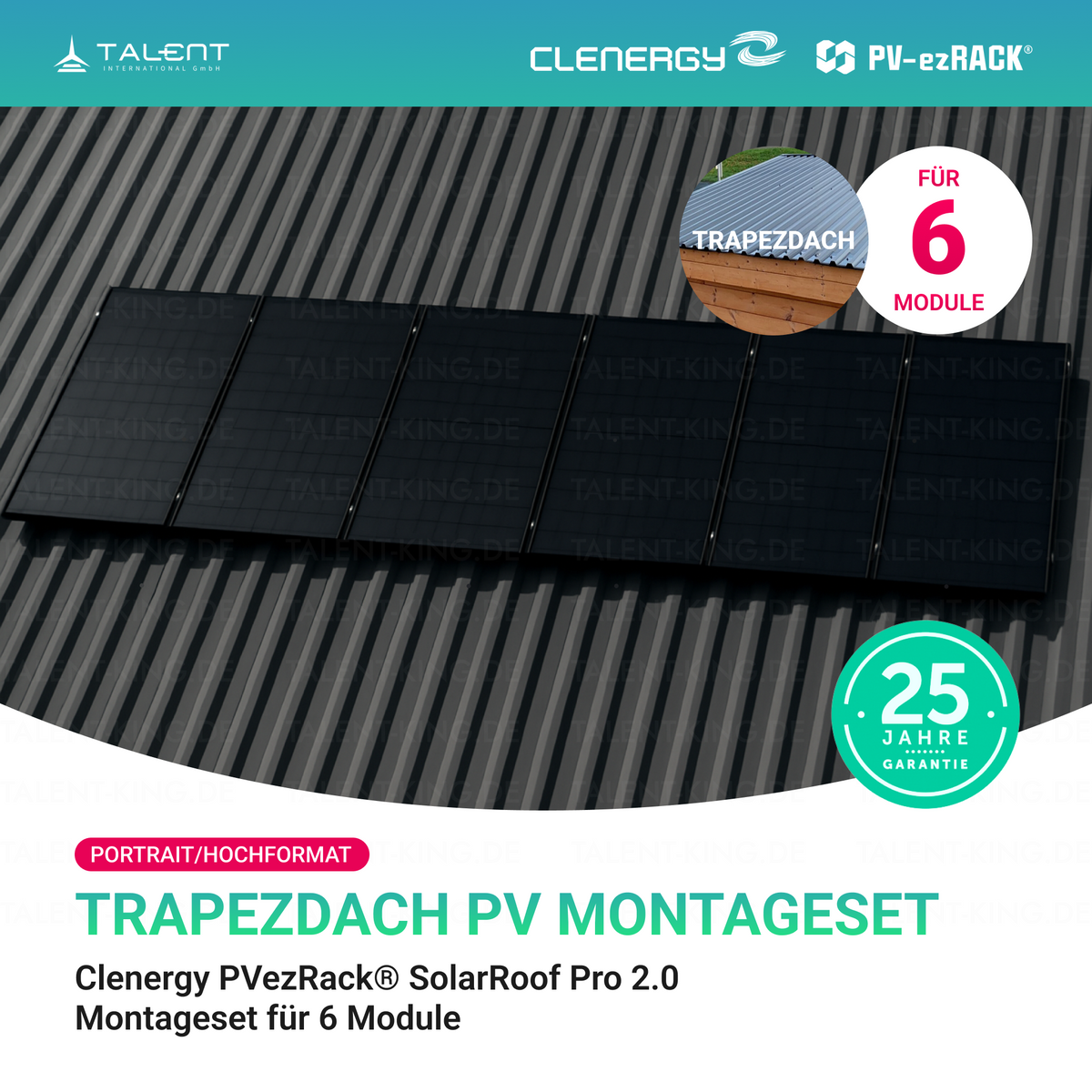 Clenergy PV-ezRack® SolarRoof Pro 2.0 Unterkonstruktion Trapezdach Montageset für 6 Module (Portrait/Hochformat) neue ver. 2026