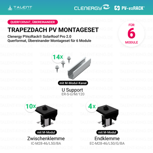 Clenergy PV-ezRack® SolarRoof Pro 2.0 Unterkonstruktion Trapezdach Montageset für 6 Module (Querformat, Übereinander) neue ver. 2026