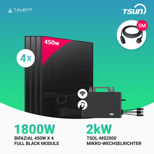 1800W Balkonkraftwerk mit Speicher - 4x 450W Bifazial Transparentes Glas-Glas Full Black Modul & TSUN 2000W TSOL-MS2000 Mikro-Wechselrichter