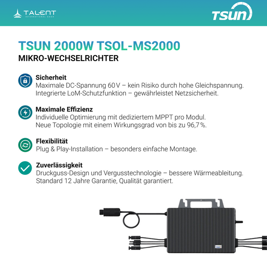 1800W Balkonkraftwerk mit Speicher - 4x 450W Bifazial Transparentes Glas-Glas Full Black Modul & TSUN 2000W TSOL-MS2000 Mikro-Wechselrichter
