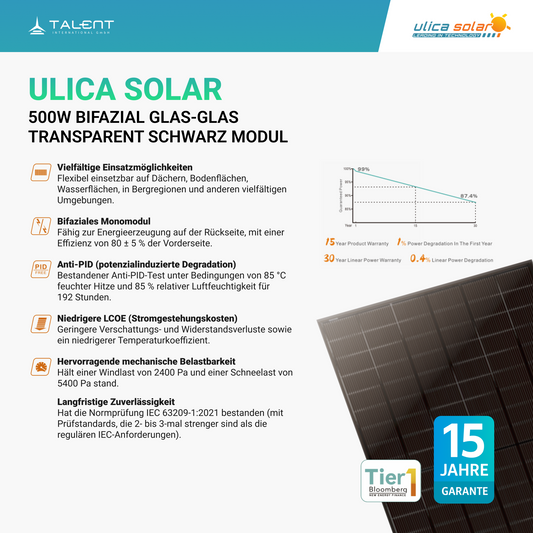 Ulica Solar 500WP UL-500M-108DDGN "Black Jade Flow" Bifazial N-Type transparent Glas-Glas Black Modul
