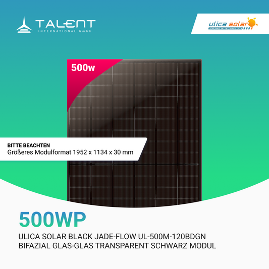 Ulica Solar 500W UL-500M-120BDGN  “Black Jade Flow”  Bifazial Glas-Glas transparent Schwarz Modul