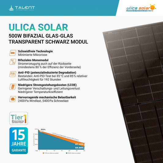 Ulica Solar 500W UL-500M-120BDGN  “Black Jade Flow”  Bifazial Glas-Glas transparent Schwarz Modul