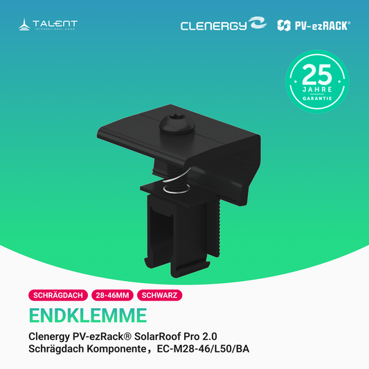 Clenergy PV-ezRack® SolarRoof Pro 2.0 Unterkonstruktion Schrägdach Komponenten - Endklemme ohne Erdung, EC-M28-46/L50/BA, 28-46 mm, lange 50mm, Schwarz