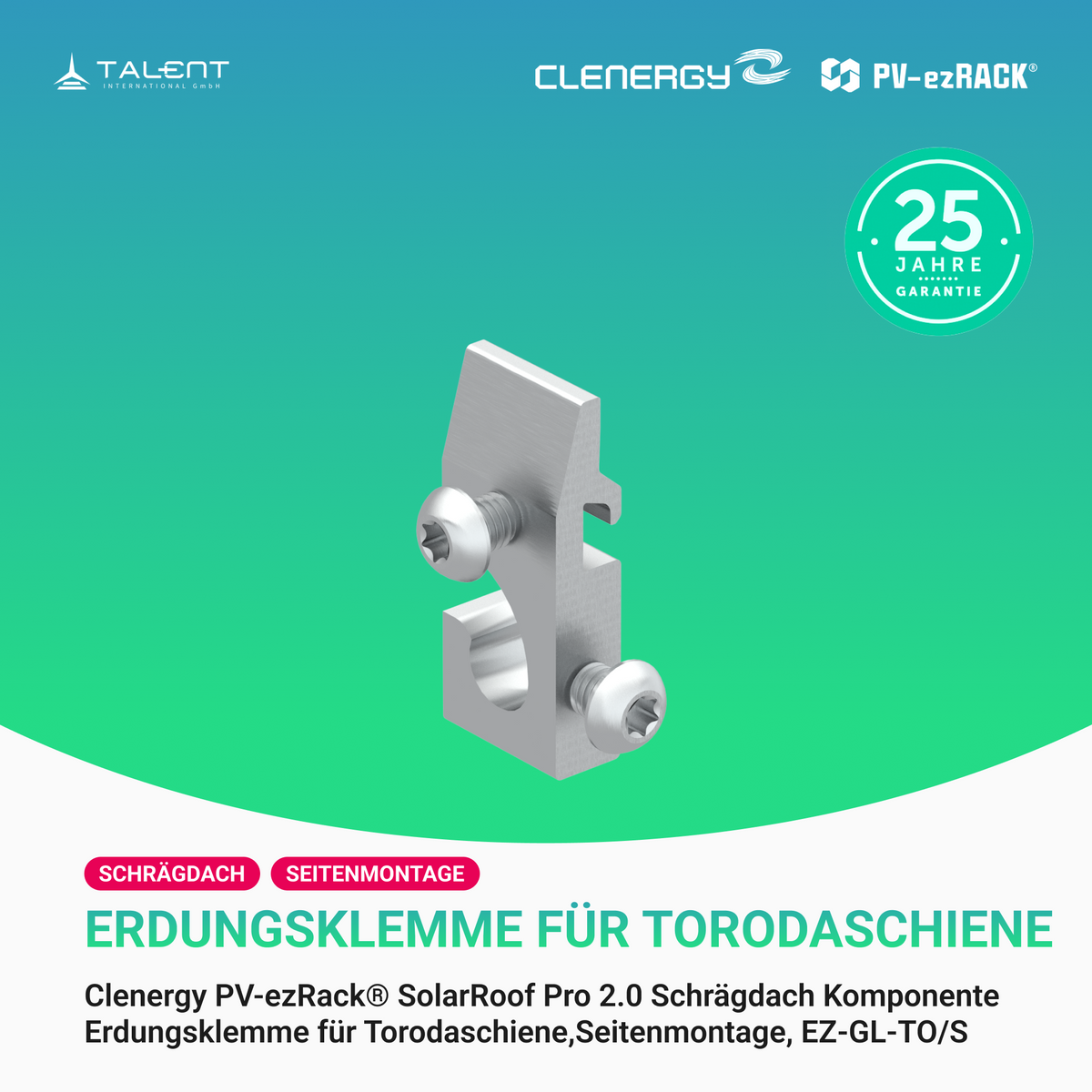 Clenergy PV-ezRack® SolarRoof Pro 2.0 Unterkonstruktion Schrägdach Komponenten - Erdungsklemme für Toroschiene, Seitenmontage EZ-GL-TO/S
