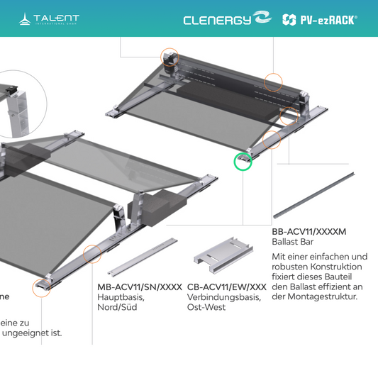 Clenergy PVezRack® Ascent 1.1 Unterkonstruktion Flachdach Komponenten - Verbindungsbasis, Ost-West CB-ACV11/EW/250, 250mm