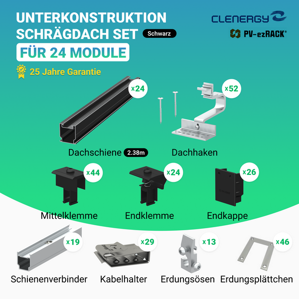 Clenergy PV-ezRack SolarRoof Pro 2.0 Unterkonstruktion Schrägdach Set Schwarz | Für 24 Module