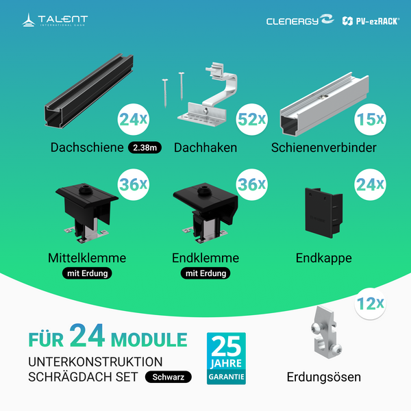 Clenergy PV-ezRack SolarRoof Pro 2.0 Unterkonstruktion Schrägdach Set für 24 Module in Silber oder Schwarz