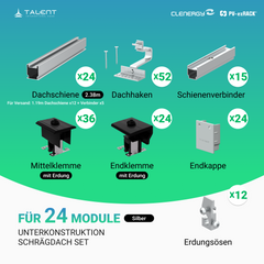 Clenergy PV-ezRack SolarRoof Pro 2.0 Unterkonstruktion Schrägdach Set für 24 Module in Silber oder Schwarz