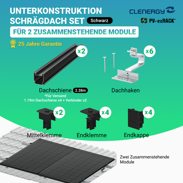 Clenergy PV-ezRack SolarRoof Pro 2.0 Unterkonstruktion Schrägdach für 2 Module in Schwarz