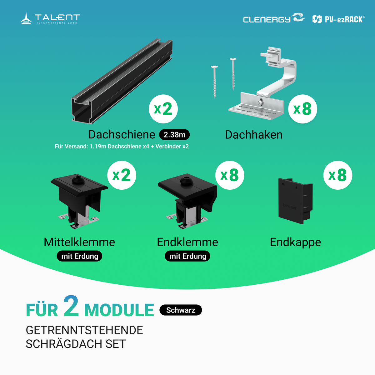 Clenergy PV-ezRack SolarRoof Pro 2.0 Unterkonstruktion Schrägdach Set für 2 getrenntstehende Module in Silber oder Schwarz