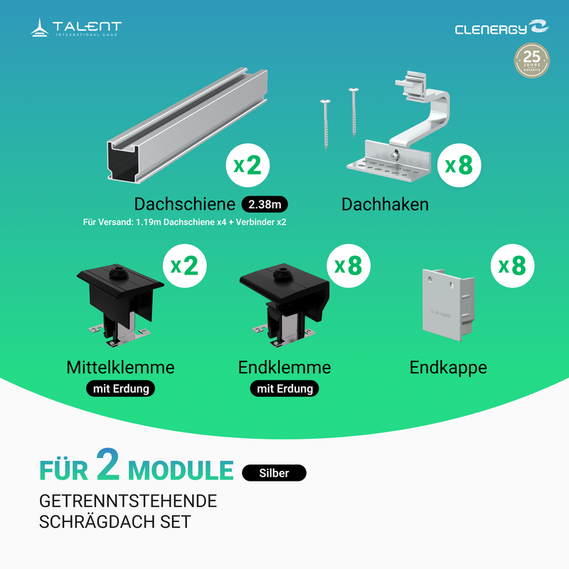 Clenergy Unterkonstruktion Schrägdach Set | 2 getrennt stehende Module | in Silber oder Schwarz