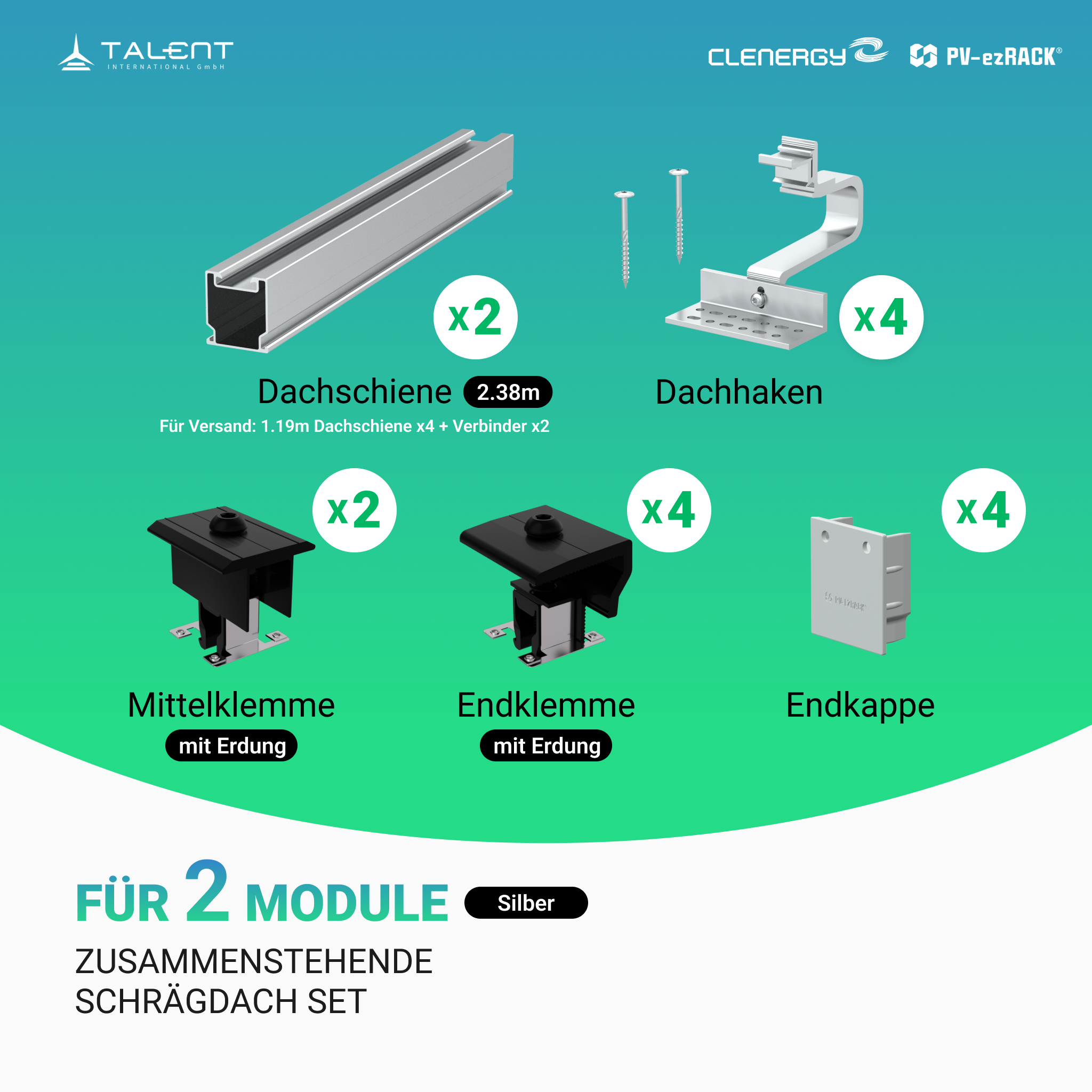 Clenergy PV-ezRack SolarRoof Pro 2.0 Unterkonstruktion Schrägdach Set für 2 zusammenstehende Module in Silber oder Schwarz