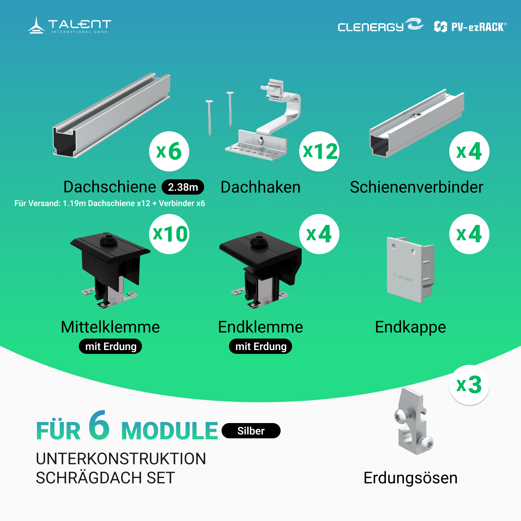 Clenergy PV-ezRack SolarRoof Pro 2.0 Unterkonstruktion Schrägdach Set für 6 zusammenstehende Module in Silber oder Schwarz