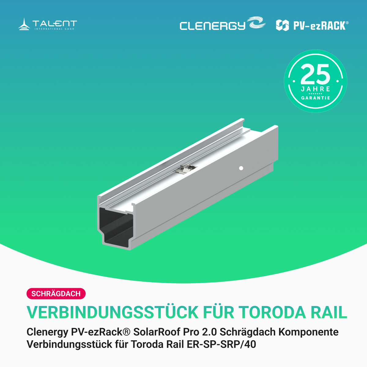 Clenergy PV-ezRack® SolarRoof Pro 2.0 Unterkonstruktion Schrägdach Komponenten - Verbindungsstück für Toroda Rail ER-SP-SRP/40