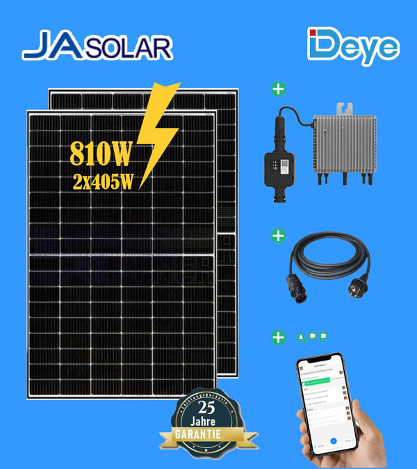 810W Balkonkraftwerk Solaranlage Komplettset 2x 405W Ja solar Schwarz Frame Solarmodule, 800W Deye Wechselrichter