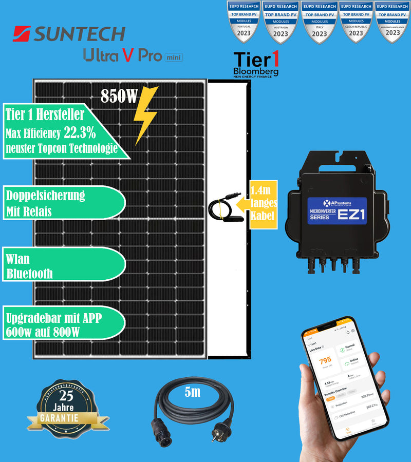 BALKONKRAFTWERK 850W Suntech Topcon MODULE/ 800W EZ1-M APSYSTEM WECHSELRICHTER (AUF 600 WATT GEDROSSELT)